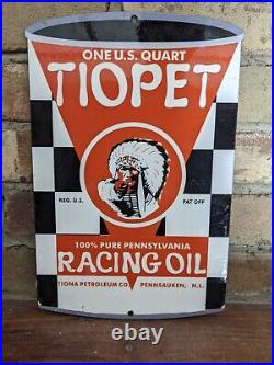 Vintage Tiopet Racing Oil Can Pure Penn Porcelain Gas Pump Sign Indian 12 X 8
