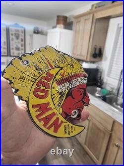 Vintage Tobacco Sign Porcelain Red Man Chew Gas Pump Display Sign