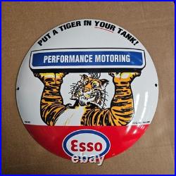 Vintage USA 62 Esso Tiger In Old Us Gasoline Oil Gas Pump Enamel Porcelain Sign