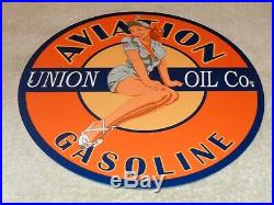 Vintage Union Oil Aviation Gasoline Pin Up Model 11 3/4 Porcelain Metal Sign