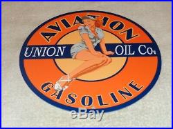 Vintage Union Oil Aviation Gasoline Pin Up Model 11 3/4 Porcelain Metal Sign
