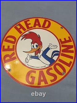 Vintage Unused Red Head Gasoline Porcelain Woody Woodpecker Gas Oil Sign