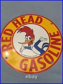 Vintage Unused Red Head Gasoline Porcelain Woody Woodpecker Gas Oil Sign