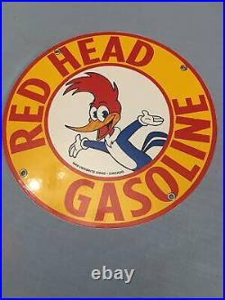 Vintage Unused Red Head Gasoline Porcelain Woody Woodpecker Gas Oil Sign