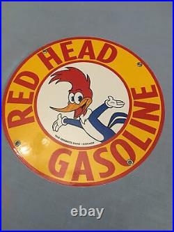 Vintage Unused Red Head Gasoline Porcelain Woody Woodpecker Gas Oil Sign