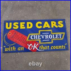 Vintage Used Cars Chevrolet Old Us Gasoline Oil Gas Pump Enamel Porcelain Sign