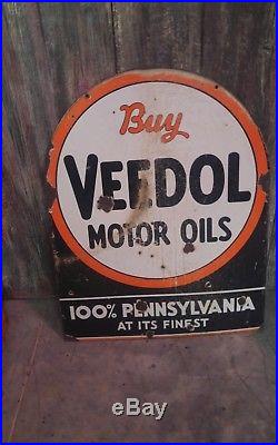 Vintage VEEDOL DOUBLE SIDED PORCELAIN TOMBSTONE MOTOR OILS SIGN