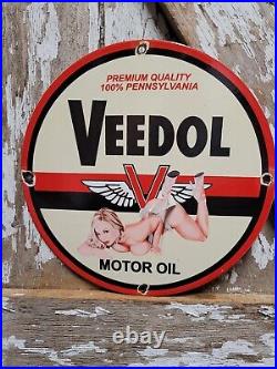 Vintage Veedol Porcelain Sign Old Service Station Motor Oil Advertising Woman 12