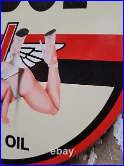 Vintage Veedol Porcelain Sign Old Service Station Motor Oil Advertising Woman 12