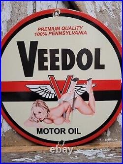 Vintage Veedol Porcelain Sign Old Service Station Motor Oil Advertising Woman 12