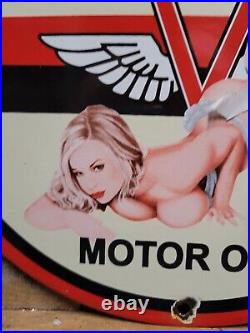 Vintage Veedol Porcelain Sign Old Service Station Motor Oil Advertising Woman 12