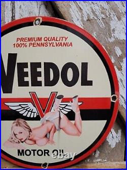 Vintage Veedol Porcelain Sign Old Service Station Motor Oil Advertising Woman 12