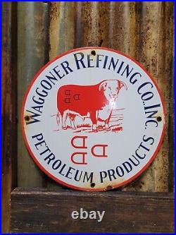 Vintage Waggoner Porcelain Sign Gas Station Oil Cattle Ranch Steer Texas Rodeo