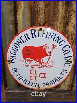 Vintage Waggoner Porcelain Sign Gas Station Oil Cattle Ranch Steer Texas Rodeo