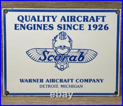 Vintage Warner Aircraft Co Porcelain Sign Gas Oil Scarab Aircraft Engines Hangar