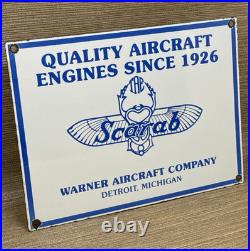 Vintage Warner Aircraft Co Porcelain Sign Gas Oil Scarab Aircraft Engines Hangar