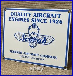 Vintage Warner Aircraft Co Porcelain Sign Gas Oil Scarab Aircraft Engines Hangar