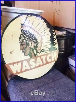 Vintage Wasatch Utah Gas And Oil Porcelain Enamel Sign 24 Inch Diameter