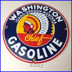 Vintage Washington Gasoline Sign Indian Chief Gas Porcelain Service Pump Sign