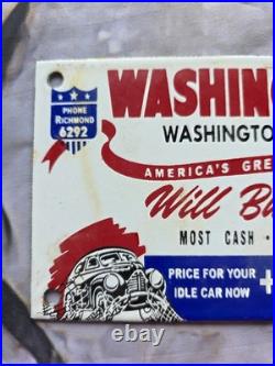Vintage Washington Motors Used Cars Porcelain Sign Motor Oil Auto Sales 10x4.5