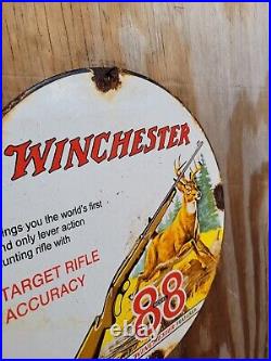 Vintage Winchester Porcelain Sign Deer Hunting Rodeo Shooting Gun Rifle Gas Oil