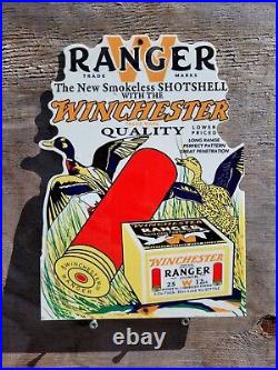 Vintage Winchester Porcelain Sign Ranger Gun Rifle Ammunition Hunting Gas Oil