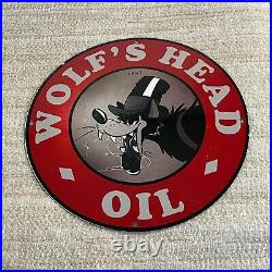Vintage Wolf's Head Porcelain Sign Gas Oil Motor Service Station Lube Pump Plate