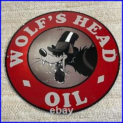 Vintage Wolf's Head Porcelain Sign Gas Oil Motor Service Station Lube Pump Plate