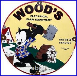 Vintage Woodys Farm Equipment Porcelain Sign Gas Oil Tools Hardware Store Sales Vintage Woodys Farm Equipment Porcelain Sign Gas Oil Tools Hardware Store Sales