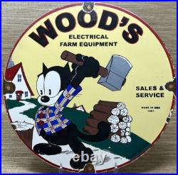 Vintage Woodys Farm Equipment Porcelain Sign Gas Oil Tools Hardware Store Sales Vintage Woodys Farm Equipment Porcelain Sign Gas Oil Tools Hardware Store Sales
