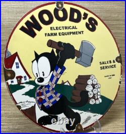 Vintage Woodys Farm Equipment Porcelain Sign Gas Oil Tools Hardware Store Sales Vintage Woodys Farm Equipment Porcelain Sign Gas Oil Tools Hardware Store Sales