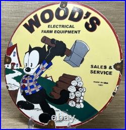 Vintage Woodys Farm Equipment Porcelain Sign Gas Oil Tools Hardware Store Sales Vintage Woodys Farm Equipment Porcelain Sign Gas Oil Tools Hardware Store Sales