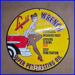 Vintage Wrench Fash Pinup Old Us Gasoline Oil Gas Pump Enamel Porcelain Sign