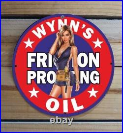 Vintage Wynn's Oil Gas&oil Service Garage Pinup Girl Porcelain Enamel Sign