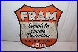 Vintage c. 1950 Fram Oil Air Fuel Filters Gas Station 2 Side 15 Metal Sign