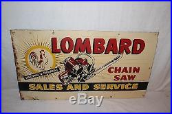 Vintage c. 1950 Lombard Chain Saw Farm Tool Gas Oil 27 Metal Sign