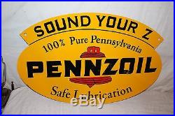 Vintage c1960 Pennzoil Sound Your Z Motor Oil Gas Station 2 Sided 31 Metal Sign