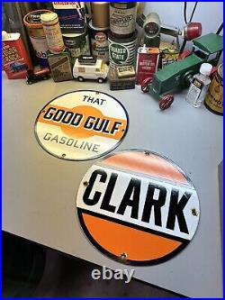 Vintage gas and oil porcelain signs Gulf Gasoline Clark Gasoline