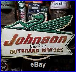 Vintage old Johnson outboard motor sign gas oil garage hunting fishing RARE