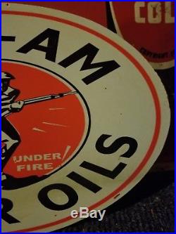 Vintage original old flange pan am standard motor oil sales sign gas metal rare