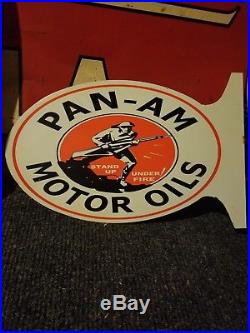 Vintage original old flange pan am standard motor oil sales sign gas metal rare