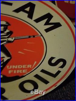 Vintage original old flange pan am standard motor oil sales sign gas metal rare