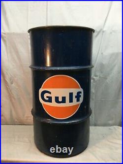 Vtg 16 gallon oil gas drum can GULF OIL Motor Oil Grease Garage Trash Can