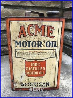 Vtg 1930s Acme Motor Oil 2 Gallon Square Oil Can American Stores Co Philadelphia