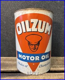 Vtg 1950s 60s Oilzum Motor Oil 5 Quart Oil Can Tin White & Bagley Worcester MA