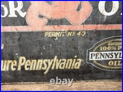 Vtg 1950s HiVis 100% Pennsylvania Motor Oil Double Sided Metal Sign 26 X 20