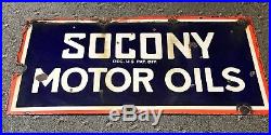 Vtg 30s 36 x 18 Double Sided Porcelain Socony Motor Oil Sign Gas & Oil Station
