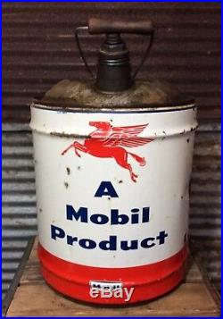 Vtg 50s Mobil Oil 5 Gallon Can Large Pegasus with Wood Handle Gas Service Station