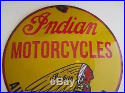 Vtg Antique INDIAN MOTORCYCLE PORCELAIN ADVERTISING DEALER CONVEX OIL SIGN 15.5