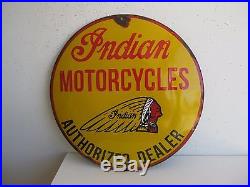 Vtg Antique INDIAN MOTORCYCLE PORCELAIN ADVERTISING DEALER CONVEX OIL SIGN 15.5